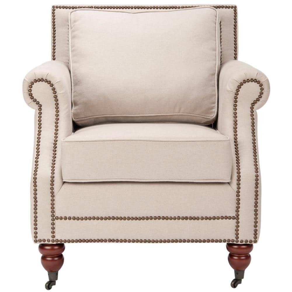 Beige Linen Arm Chair with Dark Cherry Wood Legs