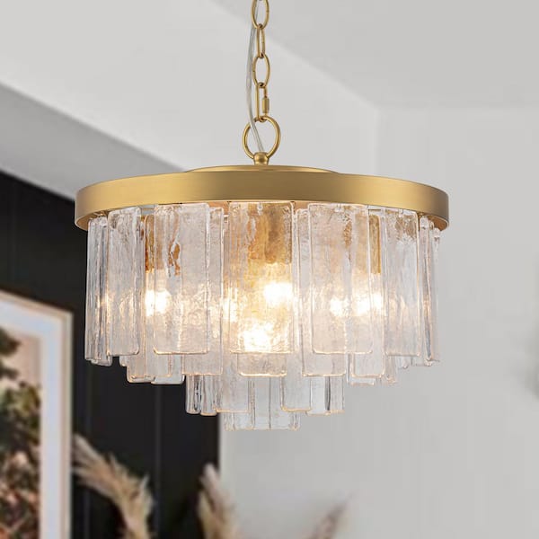 Hielo 5-Light Farmhouse Gold Chandelier 5-Light Water Rippe Glass Flush Mount Close to Ceiling Light for Dining Room