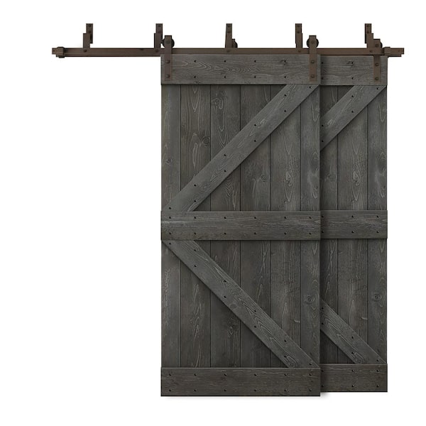 CALHOME 68 in. x 84 in. K-Bypass Carbon Gray Stained DIY Solid Wood Interior Double Sliding Barn Door with Hardware Kit