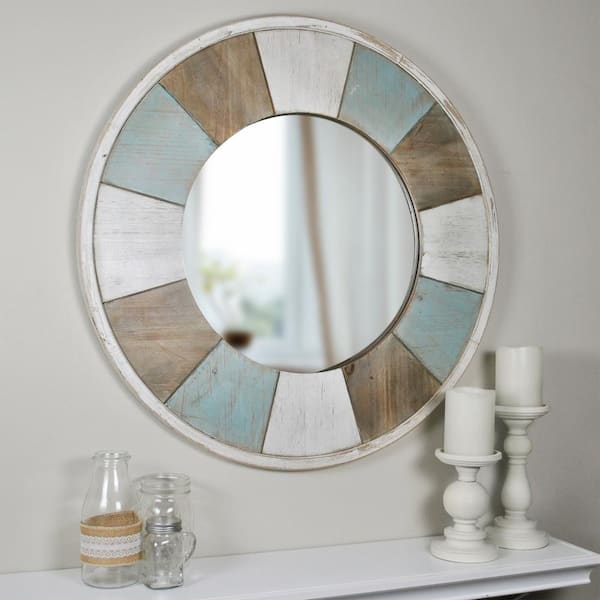 Firstime Co Medium Round Aged Teal Shabby White Natural Wood French Provincial Mirror 27 In H X 2 In W 70022 The Home Depot