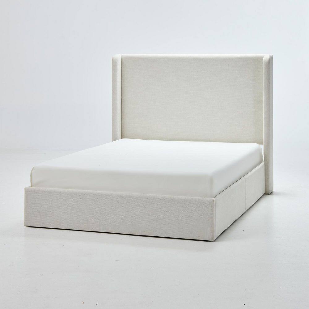 Frasier White Metal Frame King Size Platform Bed with Upholstered Wingback High Headboard, Ivory - thumbnail 3
