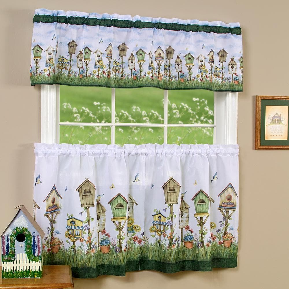 Pistachio Green Floral Birdhouse Print Tier Curtains with Valance