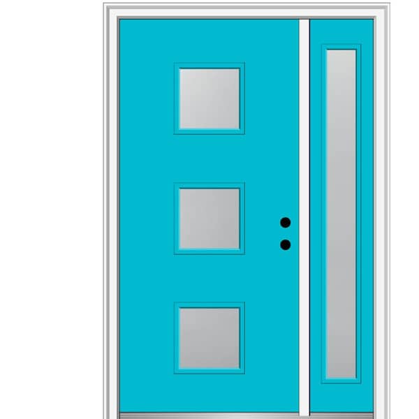 MMI Door 53 in. x 81.75 in. Aveline Frosted Left-Hand 3-Lite Modern Painted Fiberglass Smooth Prehung Front Door with Sidelite