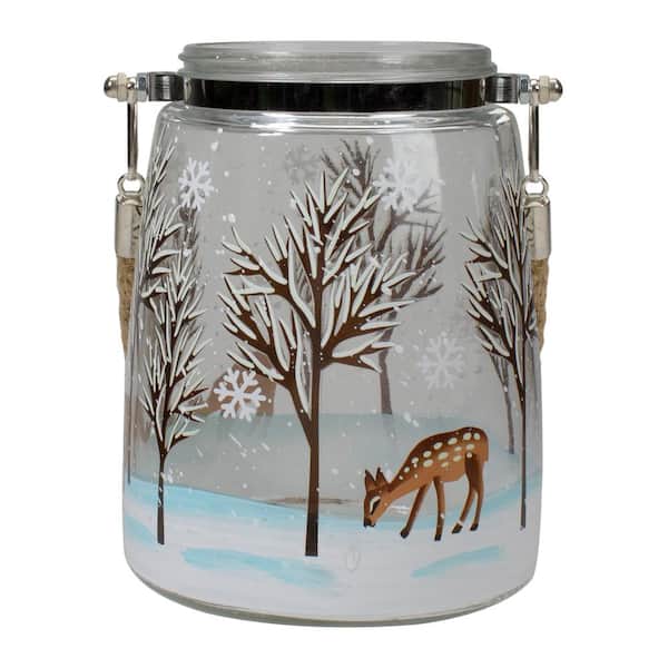 Northlight 6.25 in. Trees and Fawns Flameless Glass Candle Lantern