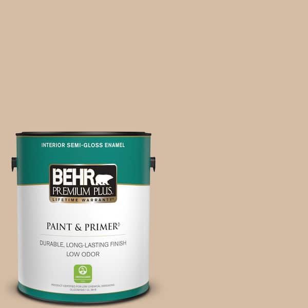BEHR PREMIUM PLUS 1 gal. #PWL-86 Nutty Beige Semi-Gloss Enamel Low Odor Interior Paint & Primer