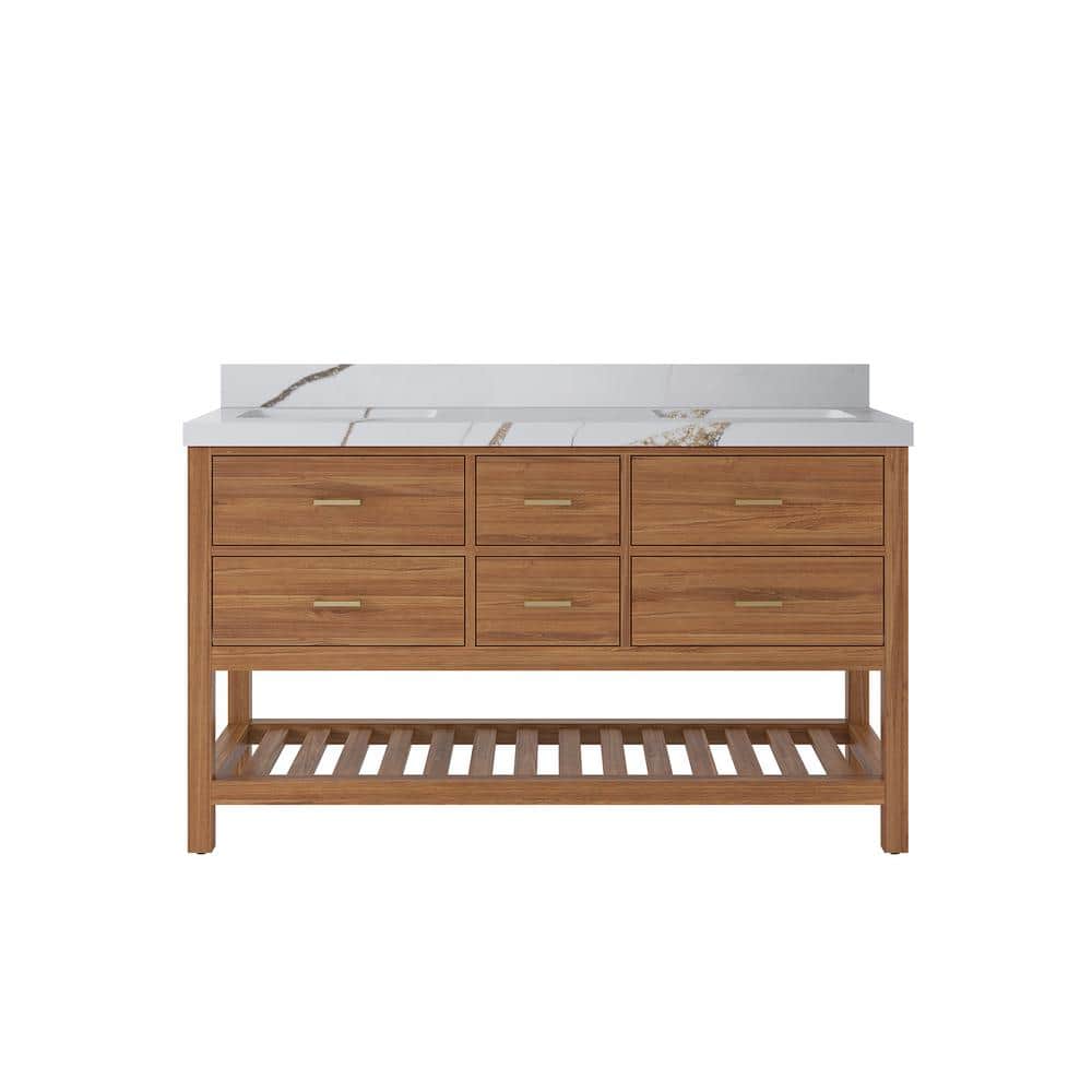 Parker Teak 60 in. W x 22 in. D x 36 in. H Double Sink Bath Vanity in Golden Teak with 2 in. Calacatta Gold Quartz Top price history on PriceWatchPro