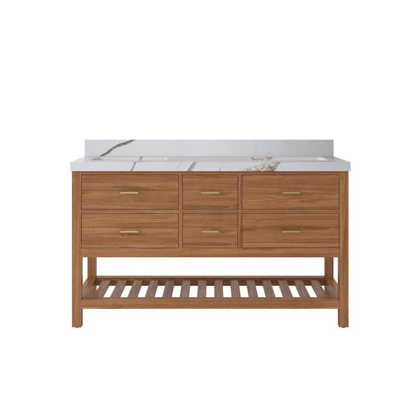 Willow Collections Parker Teak 60 in. W x 22 in. D x 36 in. H Double Sink Bath Vanity in Golden Teak with 2 in. Calacatta Gold Quartz Top