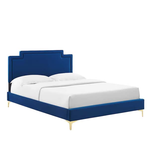 MODWAY Liva Blue Performance Velvet Frame Full Platform Bed with Reinforced Center Beam