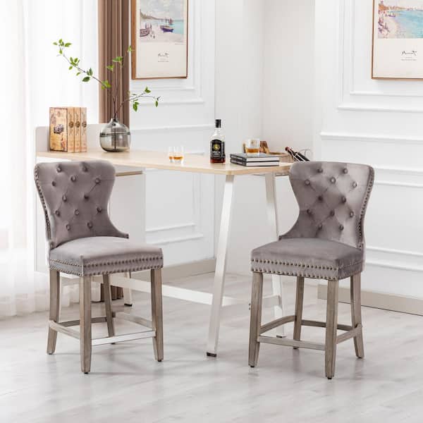 Harper 24 in. in Gray Velvet Tufted Wingback Kitchen Counter Bar Stool with Solid Wood Frame in Antique Gray (Set of 2)