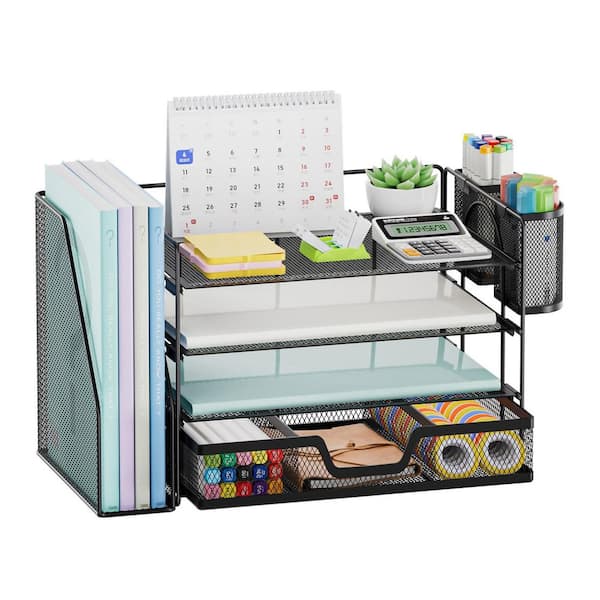 4-Tier Paper Letter Tray Desk Organizer with Drawer File Holder and 2 Pen Holders, Workspace Organizer Black