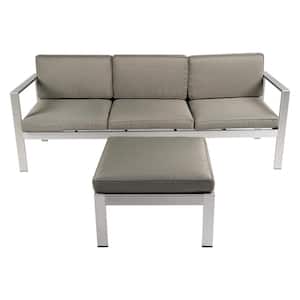 2-Piece Aluminum Patio Conversation Set with khaki Cushions and Ottoman