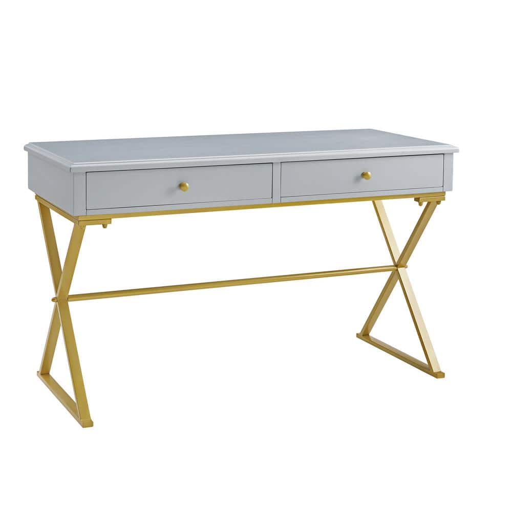 Becca 47.5 in. Rectangular Gray/Gold Wood 2-Drawer Desk with Storage
