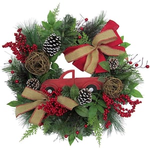 24 in. Artificial Christmas Wreath with Pinecones, Burlap Bows and Wooden Truck Decoration