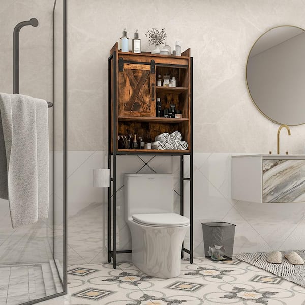 25 in. W x 67.5 in. H x 9.5 in. D Wood Rustic Brown Over-the-Toilet Storage with Adjustable Shelf and Sliding Barn Door