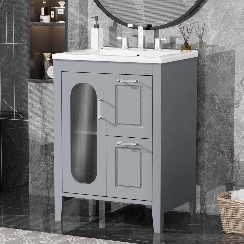 24 in. Single Sink Gray Bath Vanity with White Ceramic Top (Requires Assembly) price history on PriceWatchPro