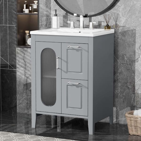 24 in. Single Sink Gray Bath Vanity with White Ceramic Top (Requires Assembly)