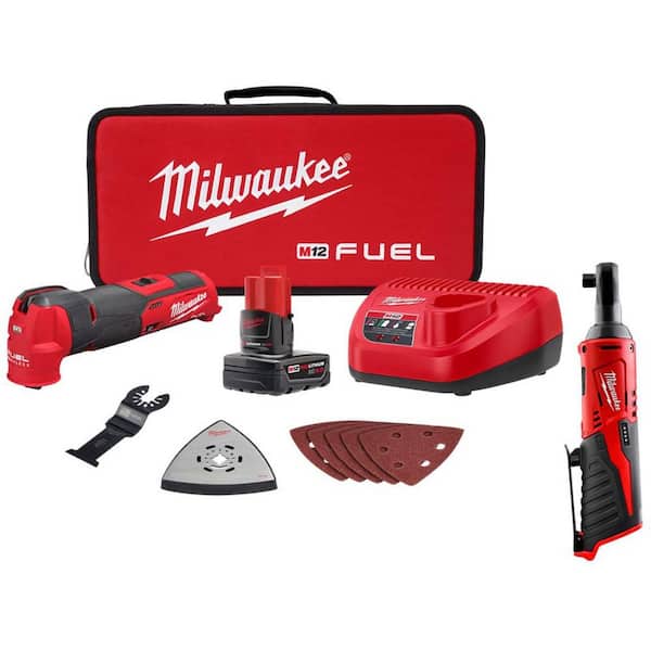 M12 FUEL 12V Lithium-Ion Cordless Oscillating Multi-Tool Kit w 4.0Ah Battery, Charger, Accessories, Bag & 3/8 in Ratchet