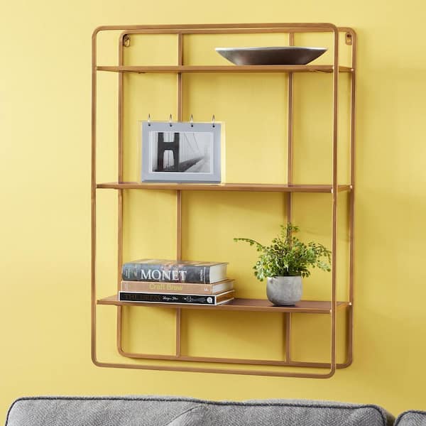 StyleWell 30 in. H x 22 in. W x 7 in. D Wood and Gold Metal Wall-Mount Bookshelf