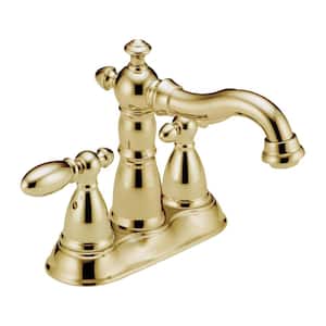 Victorian 4 in. Centerset 2-Handle Bathroom Faucet with Metal Drain Assembly in Polished Brass