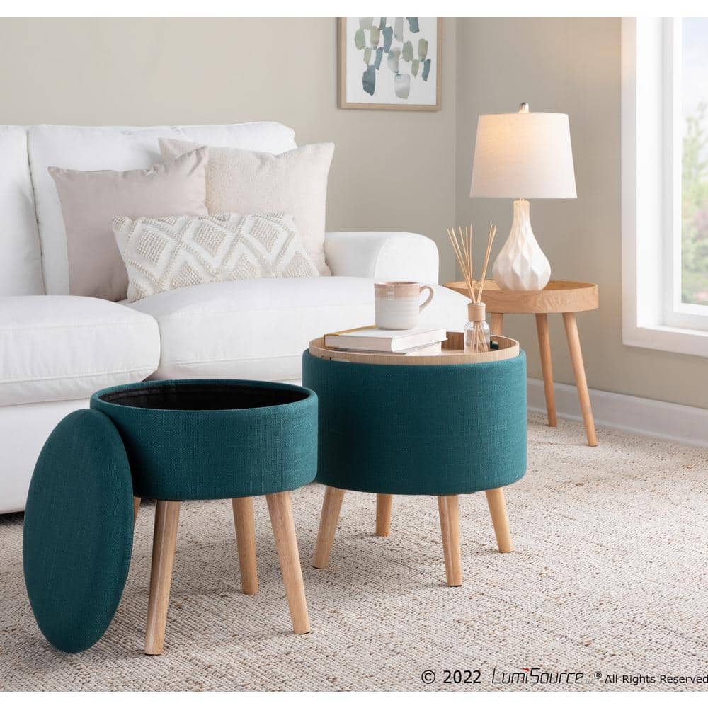 Teal Fabric Ottoman with Natural Wood Tray and Matching Stool