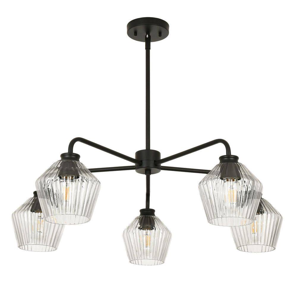 Lume 30 in. 5-Light Modern Mid-Century Black Cylinder Chandelier with Clear Ribbed Glass for Kitchen Island Dining Room price history on PriceWatchPro