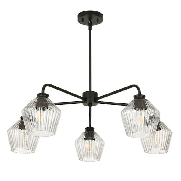 Lume 30 in. 5-Light Modern Mid-Century Black Cylinder Chandelier with Clear Ribbed Glass for Kitchen Island Dining Room
