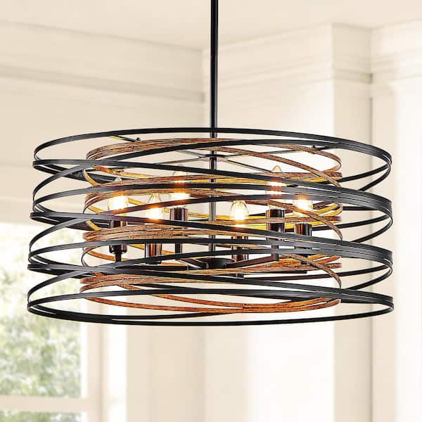 23.6 in. Modern Black & Walnut 6-Light Iron Chandelier with Adjustable Height for Dining Room, Kitchen Island