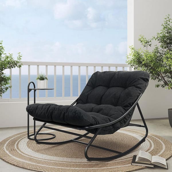 Comfy Black Metal Outdoor Rocking Chair Lounge Recliner with Gray Padded Cushion (1-Pack)