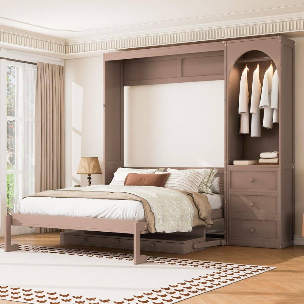 Brown Wood Frame Queen Size Murphy Bed with Storage Shelf, LED Light Closet Rod and 3 Drawers price history on PriceWatchPro