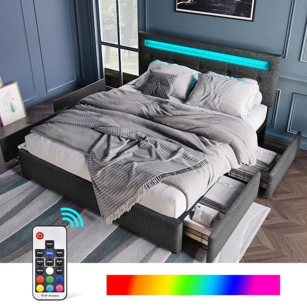 Harper & Bright Designs Button-Tufted Gray Metal Frame Full Size Linen Upholstered Platform Bed with 4-Drawer, LED Lights, Adjustable Headboard