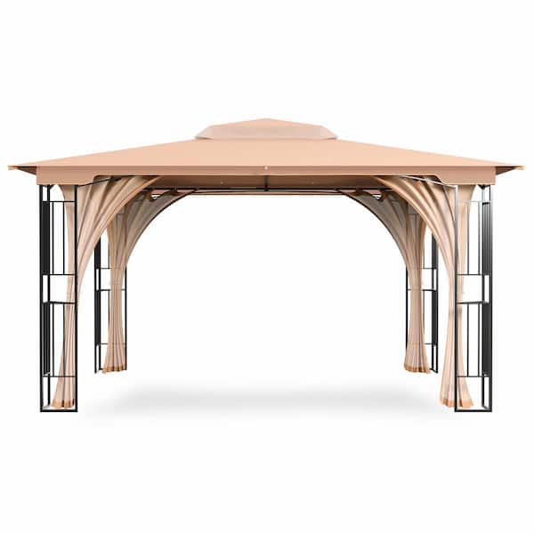 11 ft. x 13 ft. Khaki Outdoor Patio Gazebo with Double Roofs and Mosquito Nettings