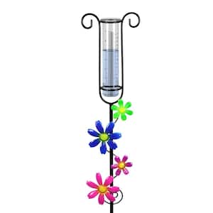Rain Gauge with Hand Painted Daisies 3.5 ft. Multi-Color Metal Garden Stake