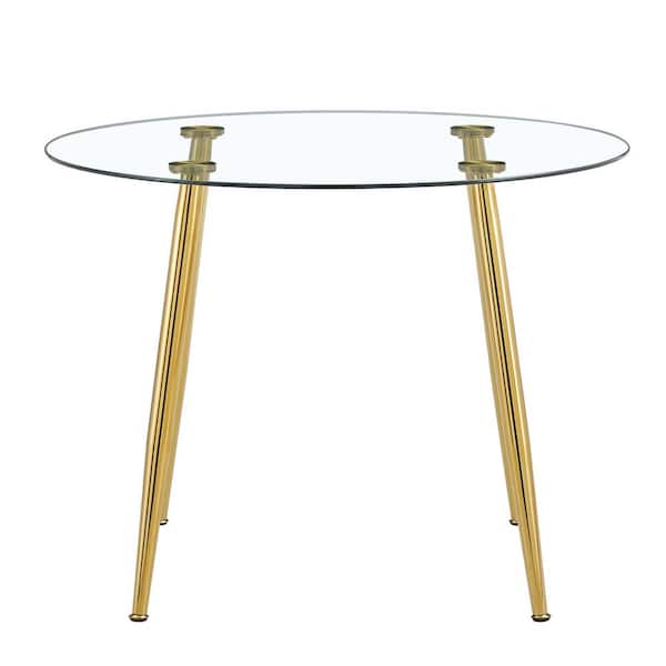 Metal Outdoor Coffee Table, 40 in.  Diameter Glass Top, Modern Minimalist Round Dining Table With Gold Plated Metal Legs