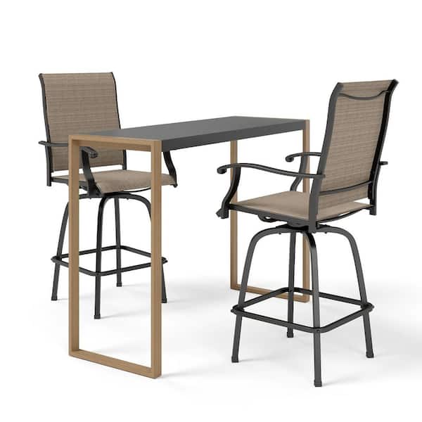 Black 3-Piece Metal Rectangle Outdoor Patio Bar Set with Sea Stone Tabletop and Swivel Bistro Chairs