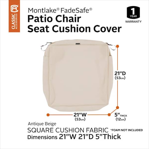 Classic Accessories Montlake Water-Resistant 21 x 21 x 3 Inch Square Outdoor Seat Cushion Slip Cover Patio Furniture Chair Cushion Cover Antique Beige Classic Accessories Montlake Water-Resistant 21 x 21 x 3 Inch Square Outdoor Seat Cushion Slip Cover Patio Furniture Chair Cushion Cover Antique Beige