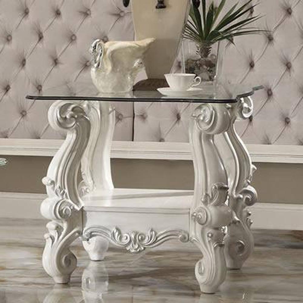 Versailles White Wood and Glass End Table with Shelf