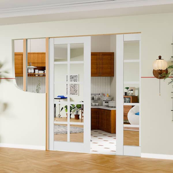 32 in. x 80 in. 10 Lite, Mirrored Glass, Solid Core, DIY Painted, White Primed, MDF Sliding Door with All Hardware