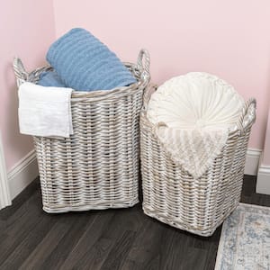 Arbour Rustic Hand-Woven Rattan Nesting Baskets with Wheels and Handles, White Wash/Kubu Gray (Set of 2)