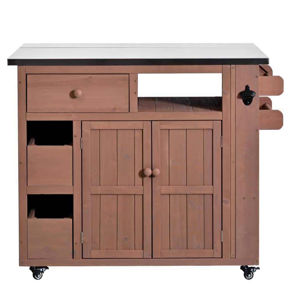 Outdoor Solid Wood Extendable Kitchen Island Cart Stainless Steel Top with Side Spice Rack, Drawers for BBQ Party price history on PriceWatchPro
