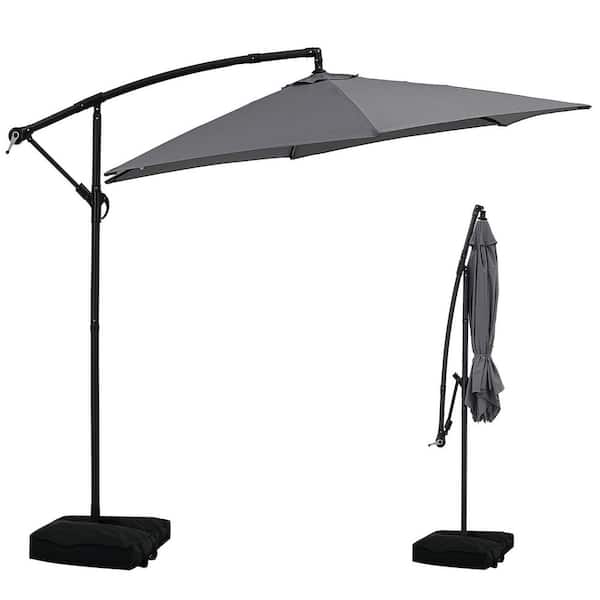 10 ft. Steel Cantilever Patio Umbrella in Gray Offset Outdoor with Base Stand Rotate and Tilt