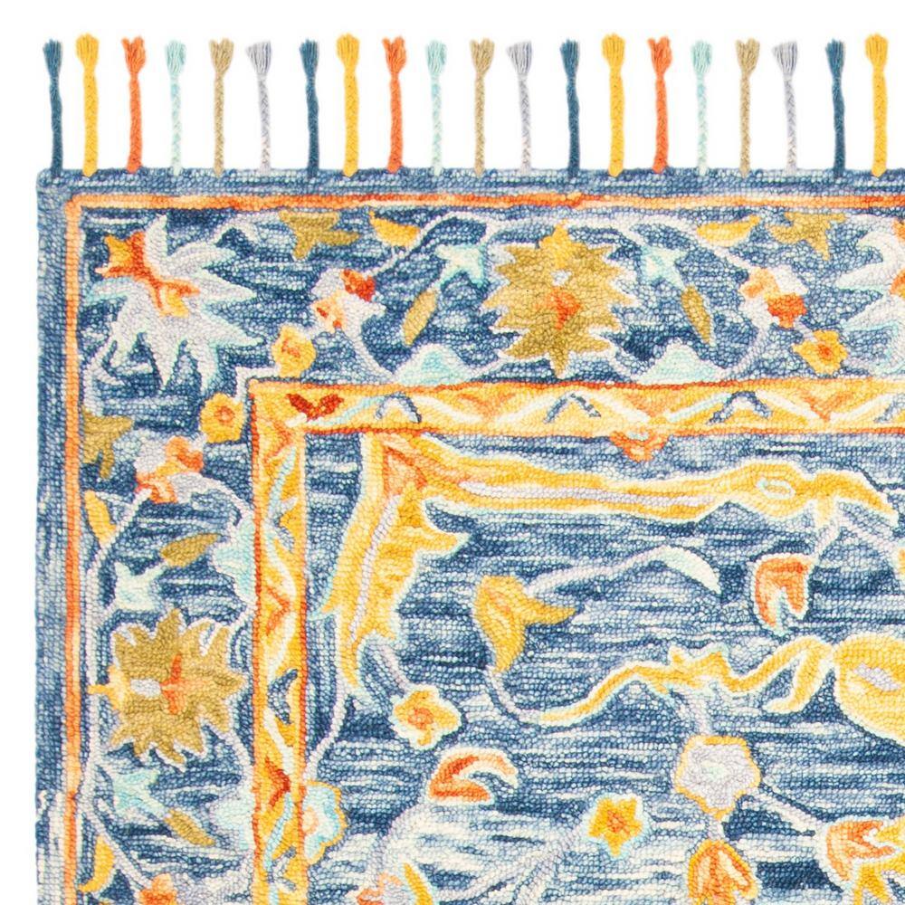 Handmade Tufted Wool Square Area Rug in Blue and Rust, 7' x 7'
