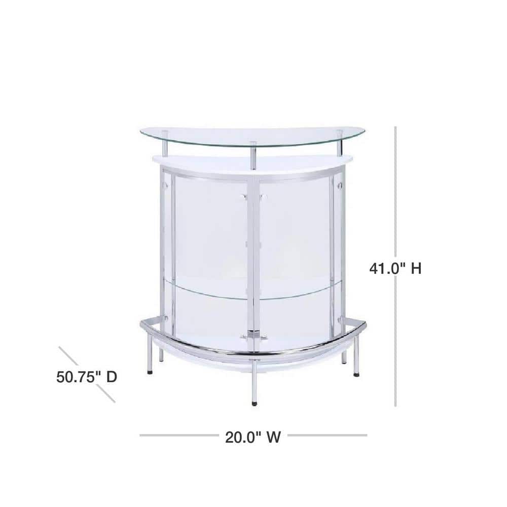 White and Chrome Glass Top Freestanding Home Bar Cabinet