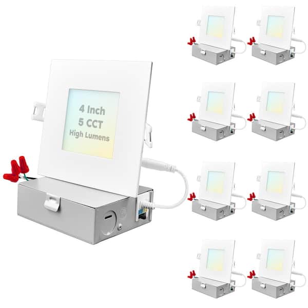 LUXRITE 4 in. Ultra Thin Canless 12-Watt 5 Color Options New Construction Integrated LED Recessed Light Kit J-Box (8-Pack)