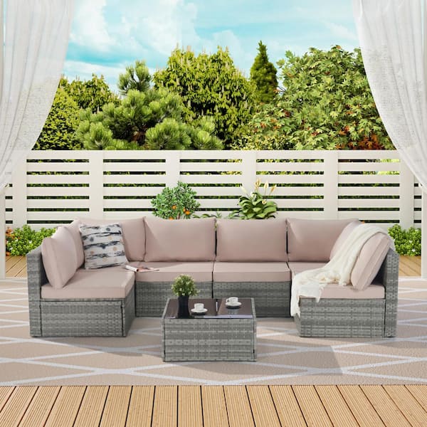 Zeus & Ruta 7-Piece Wicker Outdoor Sectional Set with Coffee Table and Khaki Cushions for Backyard, Porch, Balcony