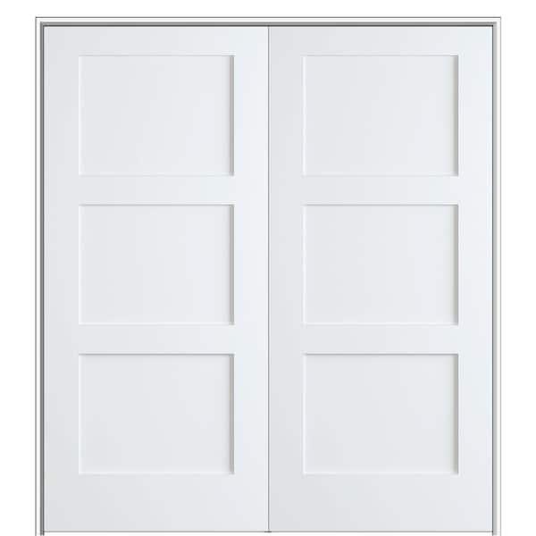MMI Door Shaker Flat Panel 48 in. x 80 in. Both Active Solid Core Primed Composite Double Prehung French Door w/ 6-9/16 in. Jamb