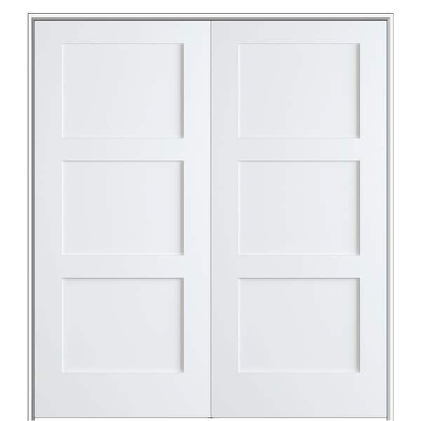 MMI DOOR Shaker Flat Panel 64 in. x 80 in. Both Active Solid Core Primed Composite Double Prehung French Door w/ 6-9/16 in. Jamb