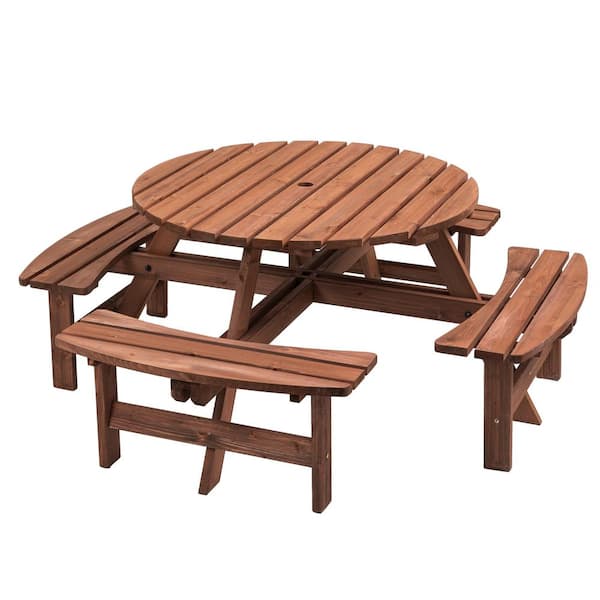 Thanaddo 70.07 in. 8-Person Outdoor Brown Circular Wooden Picnic Table with 4 Built-In Benches