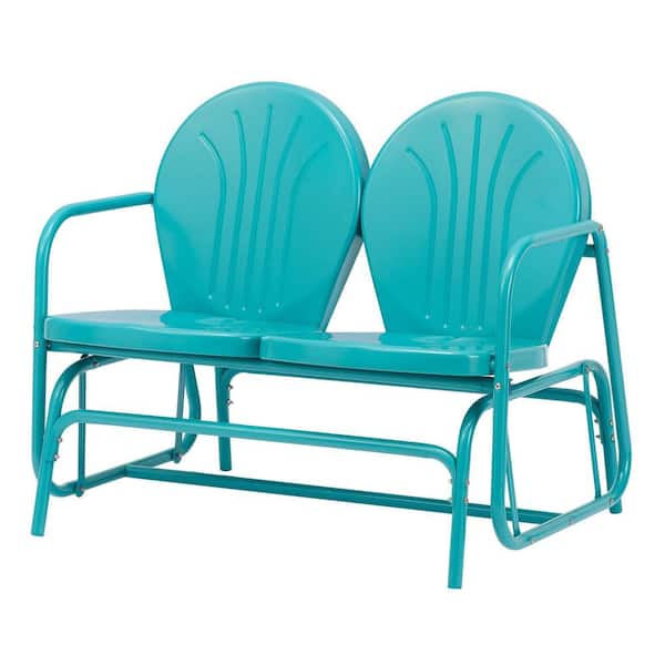 Afoxsos Blue 39.7 in. Metal Outdoor Patio Swing Glider Chair Loveseat Rocker for 2-Persons