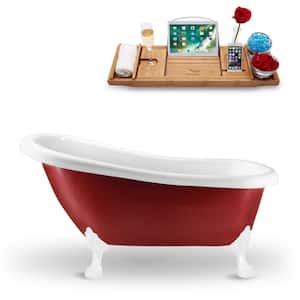61 in. Acrylic Clawfoot Non-Whirlpool Bathtub in Glossy Red With Glossy White Clawfeet And Polished Chrome Drain