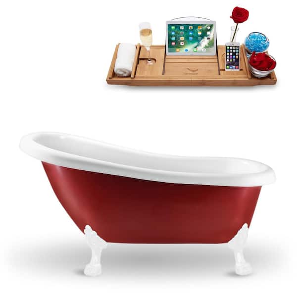 Streamline 61 in. Acrylic Clawfoot Non-Whirlpool Bathtub in Glossy Red With Glossy White Clawfeet And Polished Chrome Drain